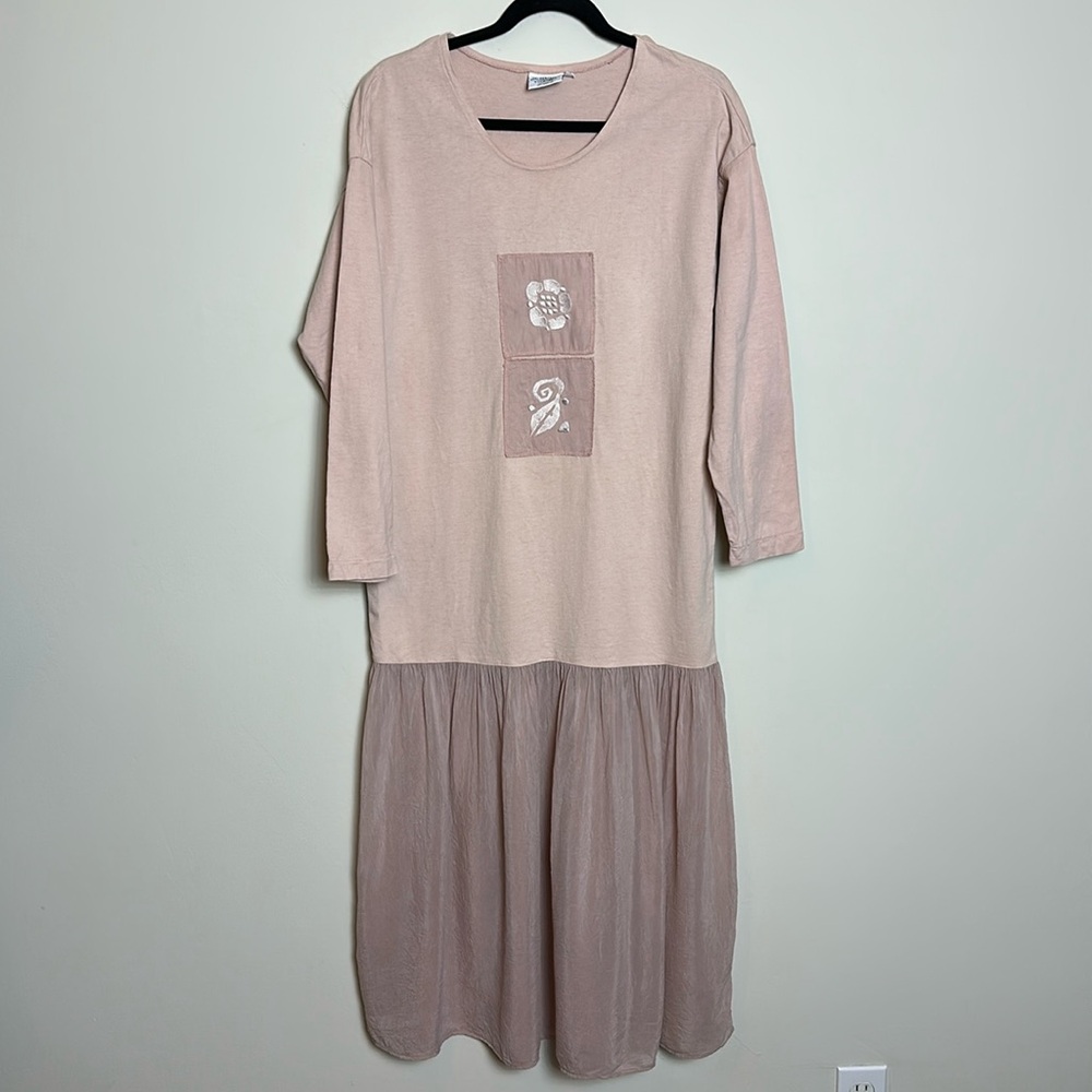 Vintage JOHNNY WAS TShirt Dress Pink Sheer‎ Midi Ruffle Trim Embroidered Small
